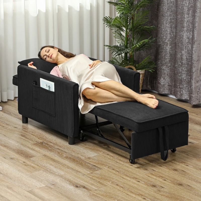 HOMCOM Slaapfauteuil, 3 standen verstelbare, Corduroy bekleding, tot 120 kg, Zwart(m-8)