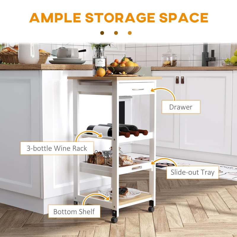 HOMCOM Multi-tier Rolling Kitchen Trolley Serving Cart with 3-Bottle Wine Rack, 1 Drawer, 1 Tray
