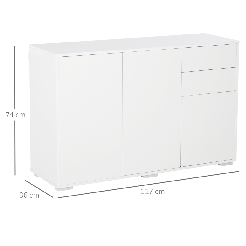 HOMCOM Mobiletto Multiuso in Legno Bianco con 2 Cassetti e 2 Armadietti con Apertura a Pressione, 117x36x74 cm