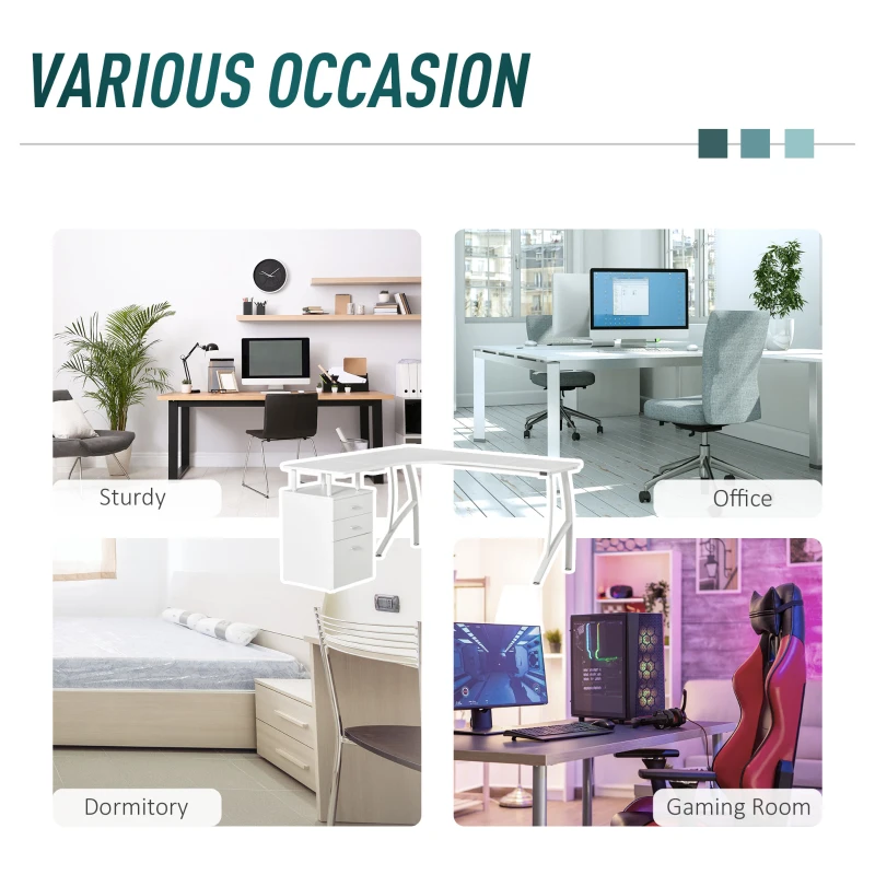 HOMCOM biurko w kształcie litery L z szufladami wykonanymi z materiału MDF metal narożnik do domowego biura miejsce pracy w stylu industrialnym kolor biały 143,5 x 143,5 x 76 cm