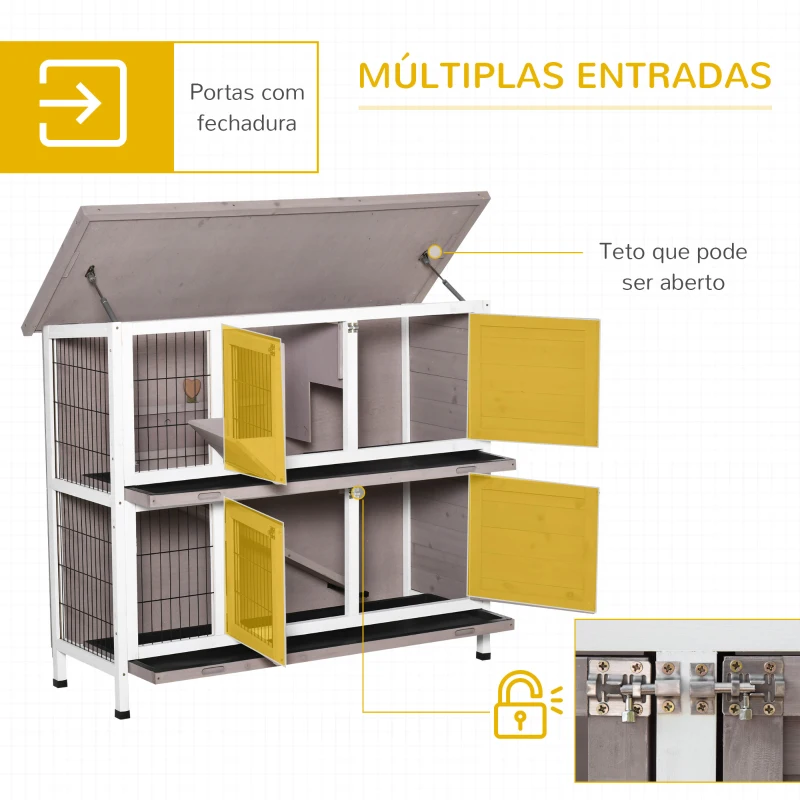 PawHut Coelheira de Madeira Exterior de 2 Níveis Gaiola para 1-2 Coelhos com Telhado com Abertura Comedouro Bandejas Removíveis Rampa e Portas com Fechadura 122x50x101cm Cor Areia
