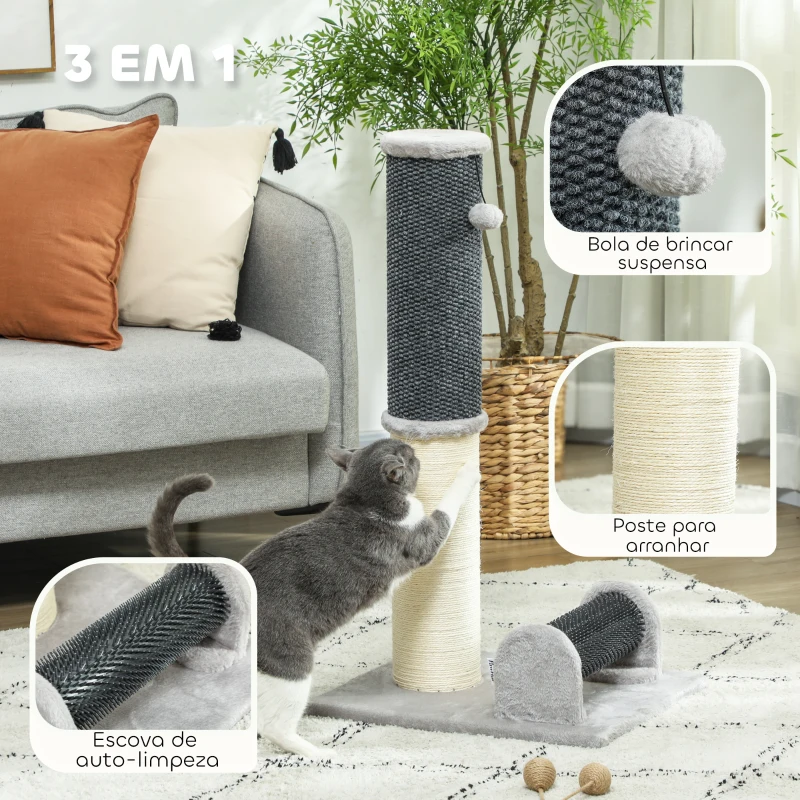 PawHut Arranhador para Gatos com Poste de Sisal Escova de Auto Higiene e Bola Suspensa 40x48x85 cm Cinza e Creme