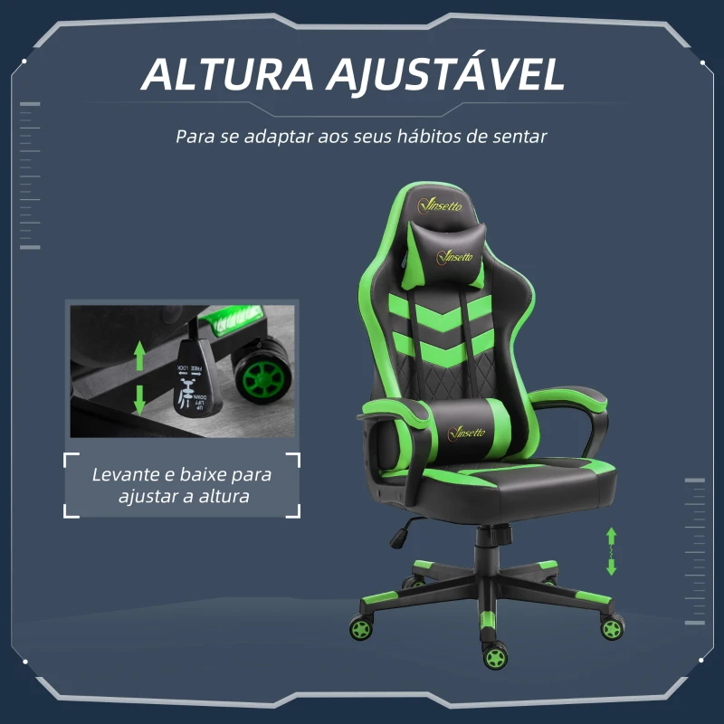 Vinsetto Cadeira ergonômica gaming de escritório Altura ajustável giratório 61x70x121-129 cm Verde