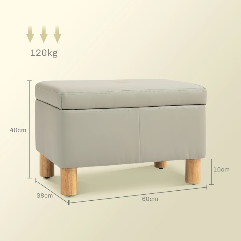 HOMCOM Baú de Armazenamento para Dormitório 33L Puff de Armazenamento Estofado em PU Banco de Arrumação 60x38x40 cm Cinza Claro