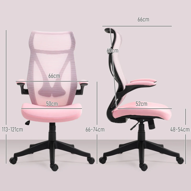 HOMCOM Cadeira de Escritório Giratória com Altura Ajustável Apoio para os Braços Dobráveis e Função Basculante 66x66x113-121 cm Rosa