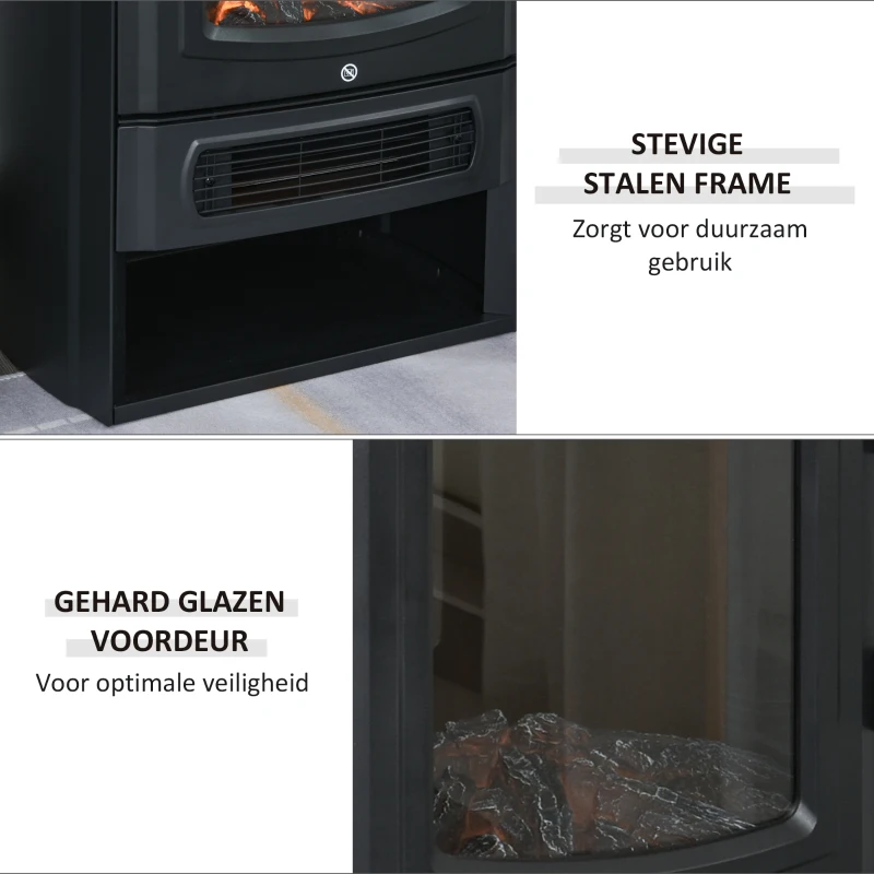 HOMCOM Elektrische kachel met vlameffect thermostaat 1000 W / 2000 W 20 ㎡ zwart metaal 25 x 25,4 x 52 cm(m-7)