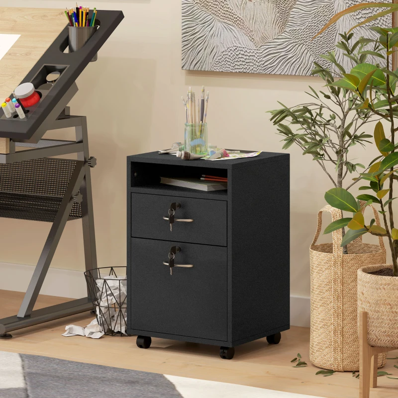 HOMCOM 60cm Filing Cabinet with Drawer, Open Shelf, Metal Handles and 4 Wheels, Office Home Organiser Mobile Printer with Two Locks, Black