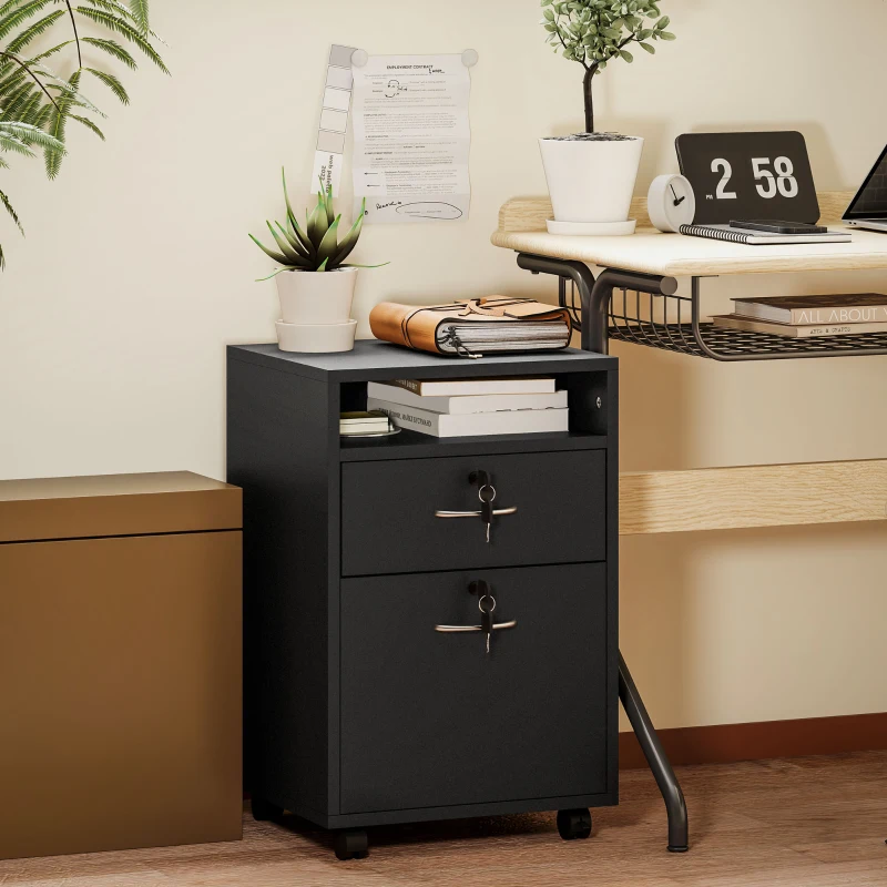 HOMCOM 60cm Filing Cabinet with Drawer, Open Shelf, Metal Handles and 4 Wheels, Office Home Organiser Mobile Printer with Two Locks, Black