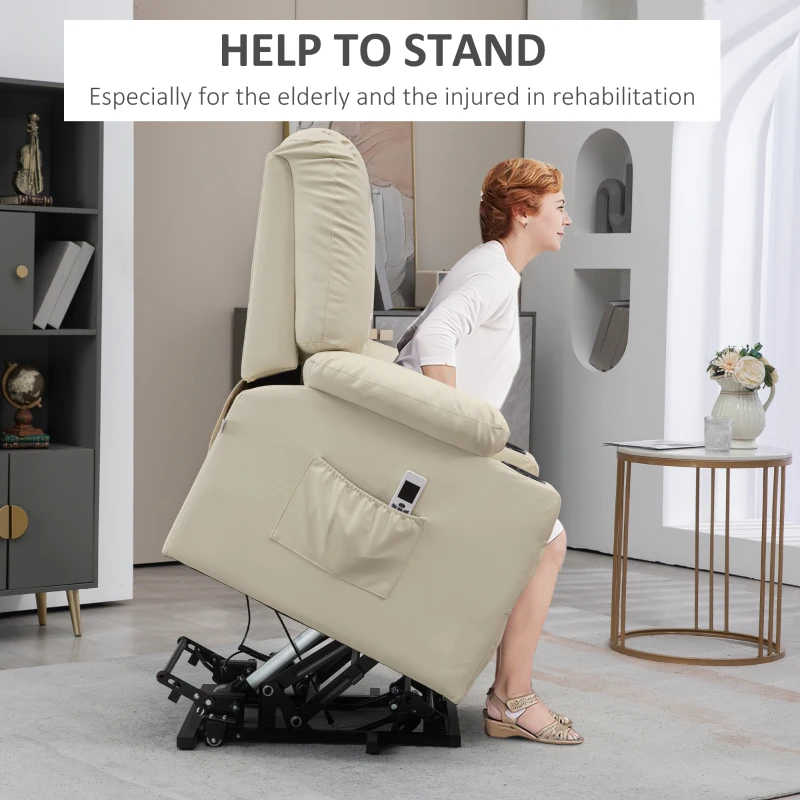 HOMCOM Fotel masujący z funkcją wyjścia dla seniorów, z pilotem zdalnego sterowania, 4 tryby masażu, 90 cm x 98 cm x 102 cm, Kremowy