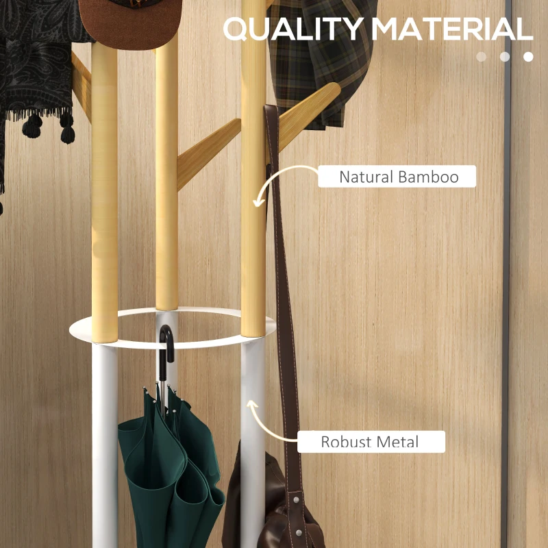 HOMCOM Bamboo Coat Rack Free Standing Hall Tree Umbrella Holder with 13 Hooks for Clothes Hats Scarf Bags for Entryway Living Room Bedroom Natural and White
