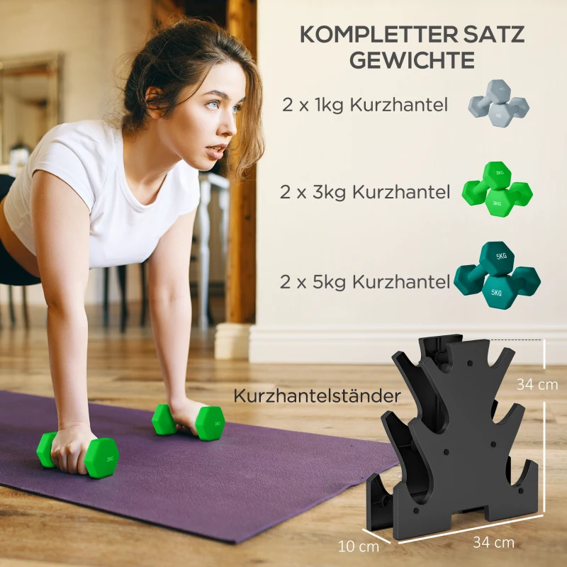 SPORTNOW Zestaw hantli z regałem, 6 hantli dla treningu fitness, 2 x 1kg, 2 x 3kg, 2 x 5kg