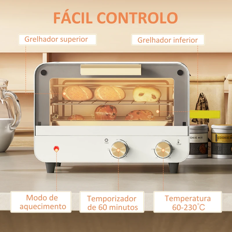 HOMCOM Forno Elétrico de Mesa Mini Forno de 12L 750W com Temporizador e Temperatura Ajustável até 230℃ 31,5x27,7x22,7 cm Branco