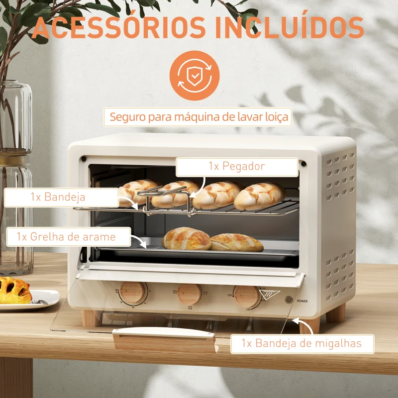 HOMCOM Forno Elétrico de Mesa Mino Forno de 16L Forno Elétrico com Temporizador e Temperatura Ajustável até 230℃ 39x27,5x28,8 cm Creme