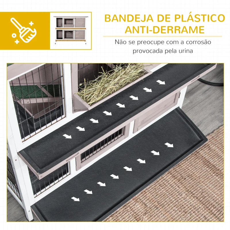 PawHut Coelheira de Madeira Exterior de 2 Níveis Gaiola para 1-2 Coelhos com Telhado com Abertura Comedouro Bandejas Removíveis Rampa e Portas com Fechadura 122x50x101cm Cor Areia