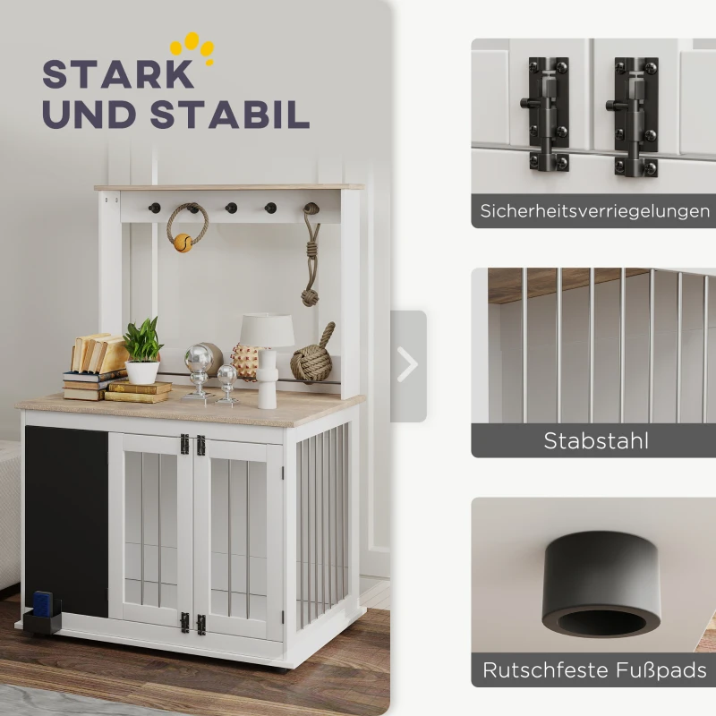 PawHut Hondenkooi met opbergplank voor speelgoed, haken voor lijnen, Krijtbord, Gum, voor grote honden, Wit(m-8)