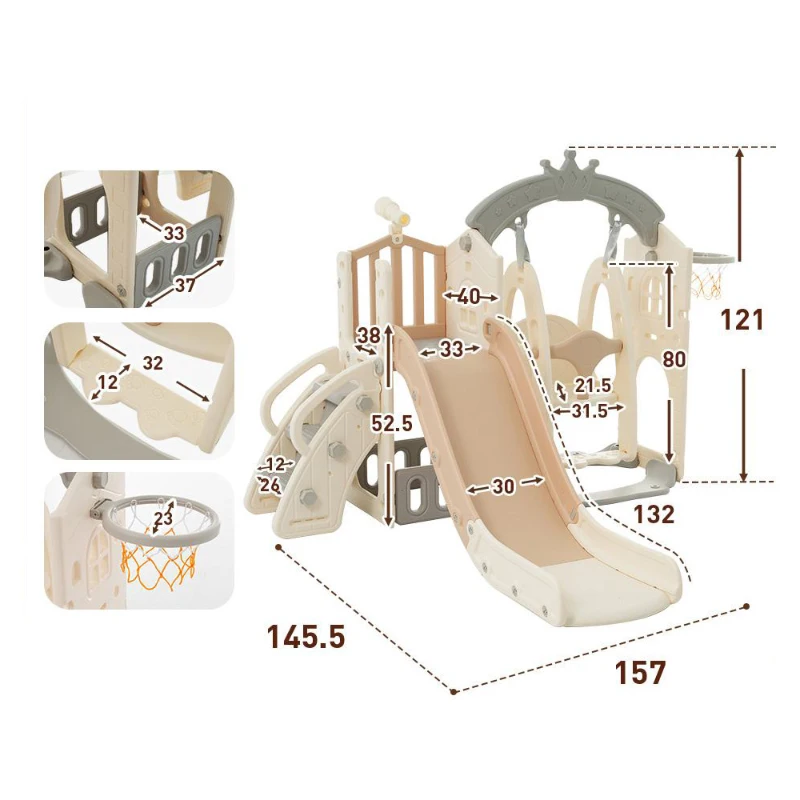 Set da gioco multifunzionale 5-in-1 per bambini con altalena, scivolo, scala da arrampicata, canestro da basket e telescopio, con box di stoccaggio integrato, 157×145,5×121 cm,Marrone + Bianco Antico