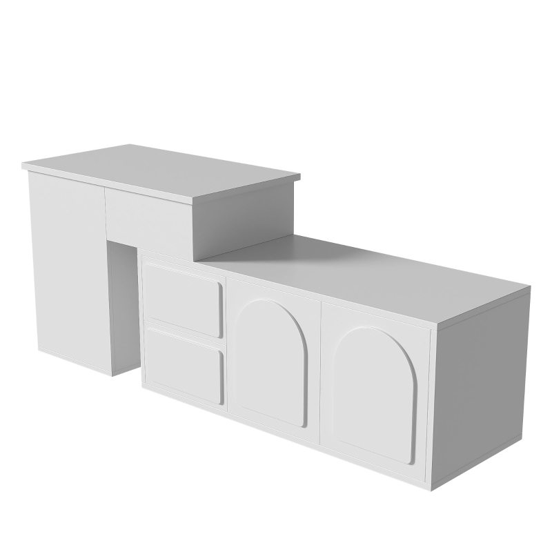 Multifunktionaler Seitenschrank mit 2 Schubladen, höhenverstellbarem Tisch mit 16-farbig einstellbarer Beleuchtung und Glasregalen, Weiß