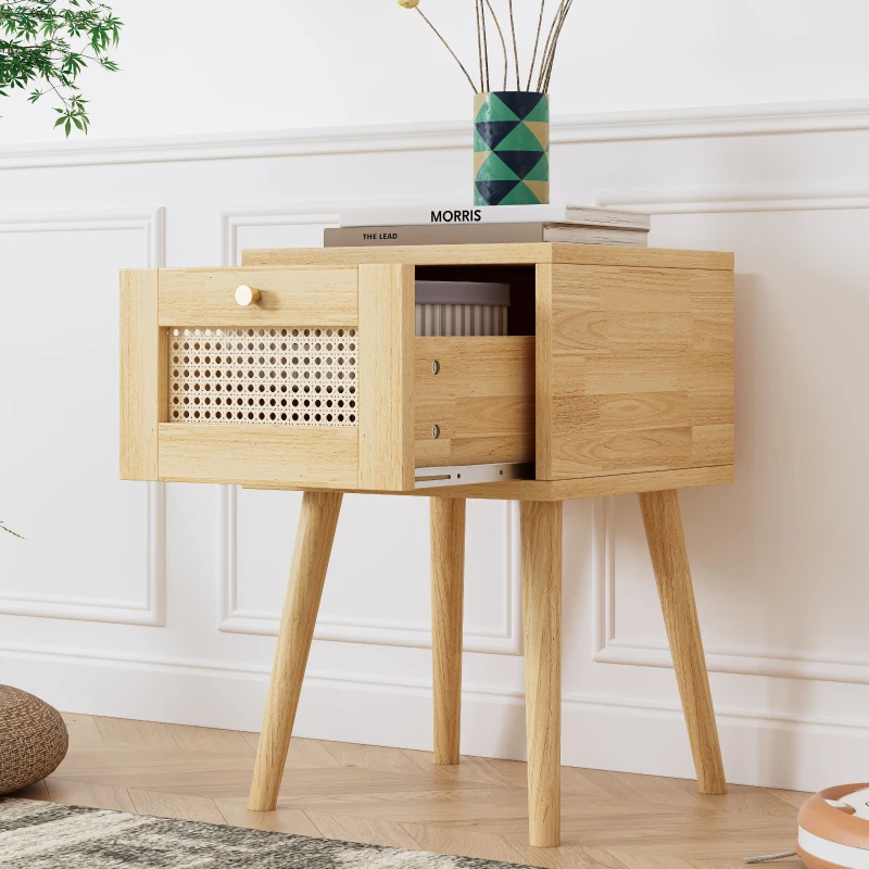 Comodino classico, con piano cassetto in rattan, per soggiorno e camera da letto, 38×38×58,5 cm, Naturale