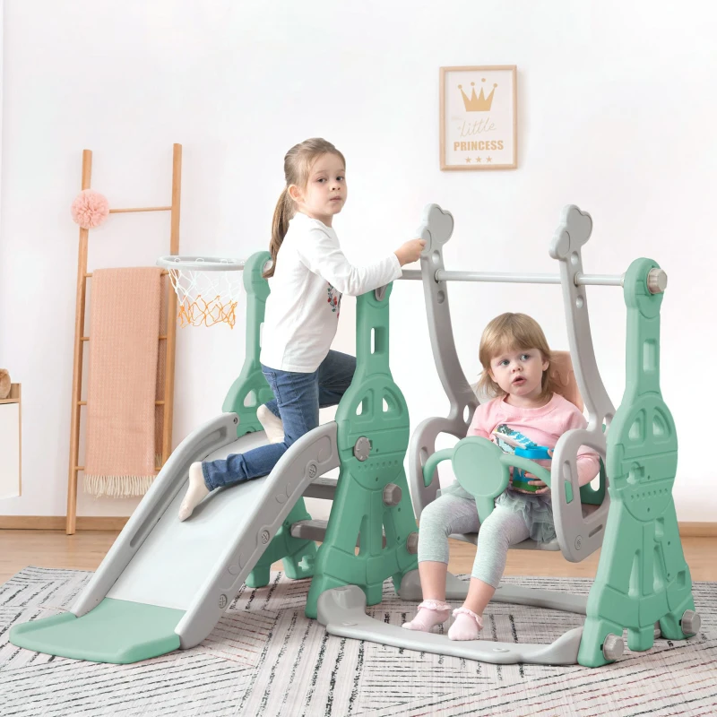 Toboggan 4-en-1 pour enfants avec balançoire, panier de basket et échelle de grimpe, toboggan de jardin pour intérieur et extérieur, 140×118×102 cm, Vert