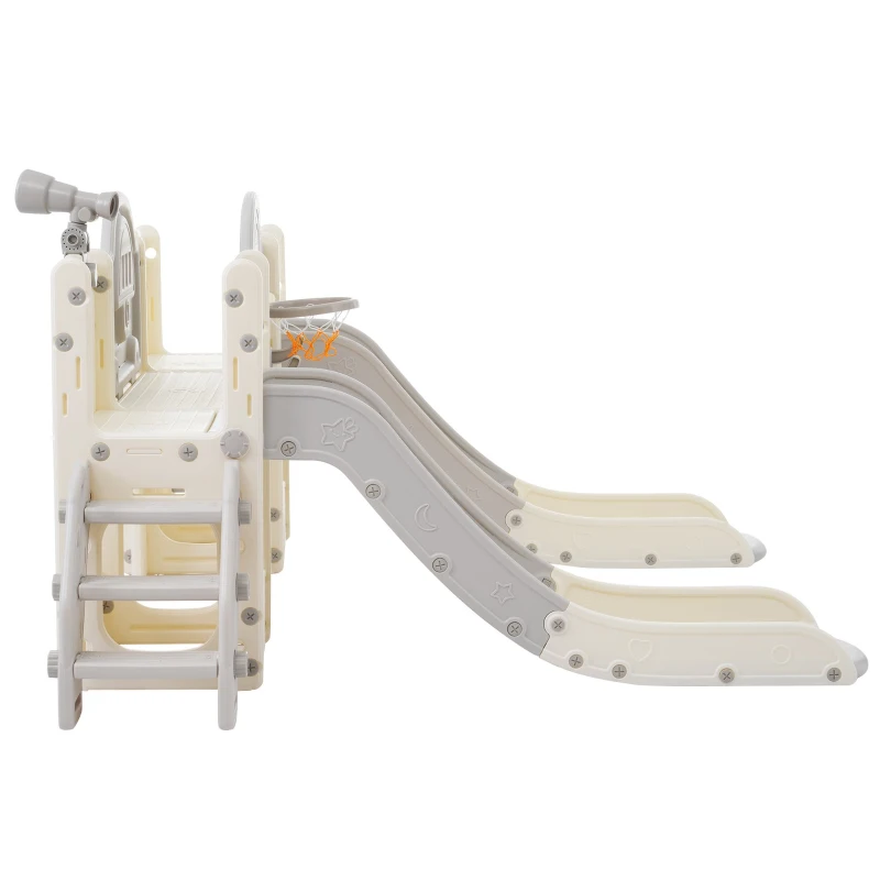 Toboggan multifonction 8-en-1 pour enfants, toboggan avec 2 glissières, échelle de grimpe, panier de basket, jeu de lasso, jumelles,200×165×95 cm, Gris blanc antique