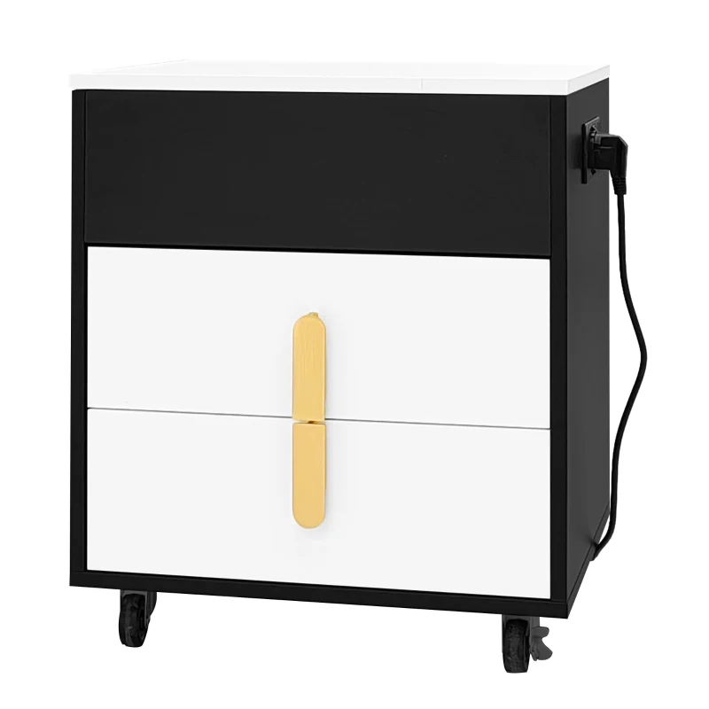 Nachttisch mit USB-Ladeschnittstelle, anhebbarer Tisch, bewegliches Riemenscheiben-Design, zwei Schubladen, 74×40.2×71cm, Schwarz+weiß