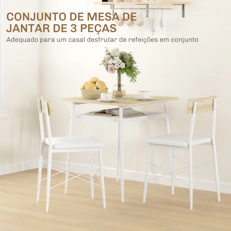 HOMCOM Conjunto de Refeição de 3 Peças Conjunto 1 Mesa 70x70x75 cm e 2 Cadeiras 40x50x80 cm com Prateleira de Armazenamento Branco e Madeira
