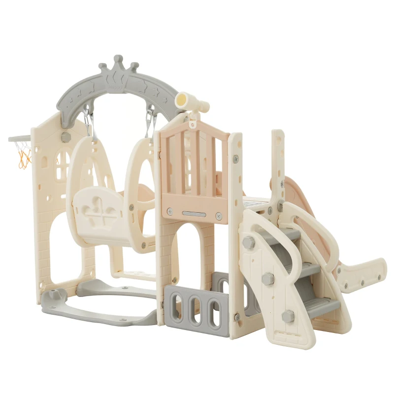 Set da gioco multifunzionale 5-in-1 per bambini con altalena, scivolo, scala da arrampicata, canestro da basket e telescopio, con box di stoccaggio integrato, 157×145,5×121 cm,Marrone + Bianco Antico