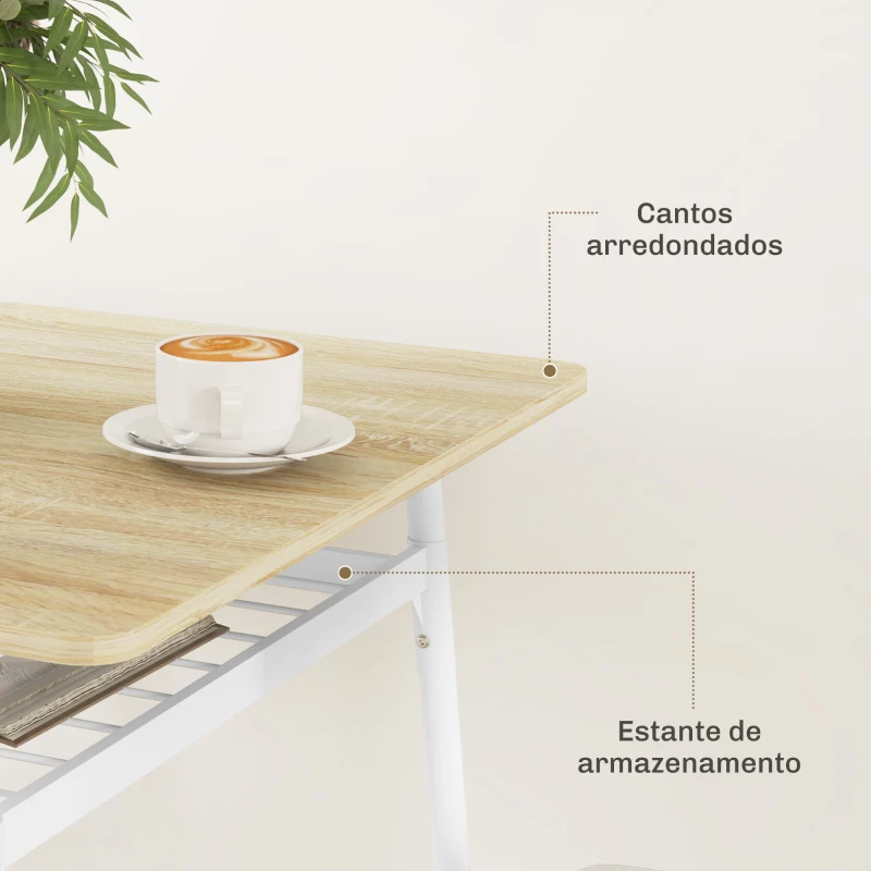 HOMCOM Conjunto de Refeição de 3 Peças Conjunto 1 Mesa 70x70x75 cm e 2 Cadeiras 40x50x80 cm com Prateleira de Armazenamento Branco e Madeira