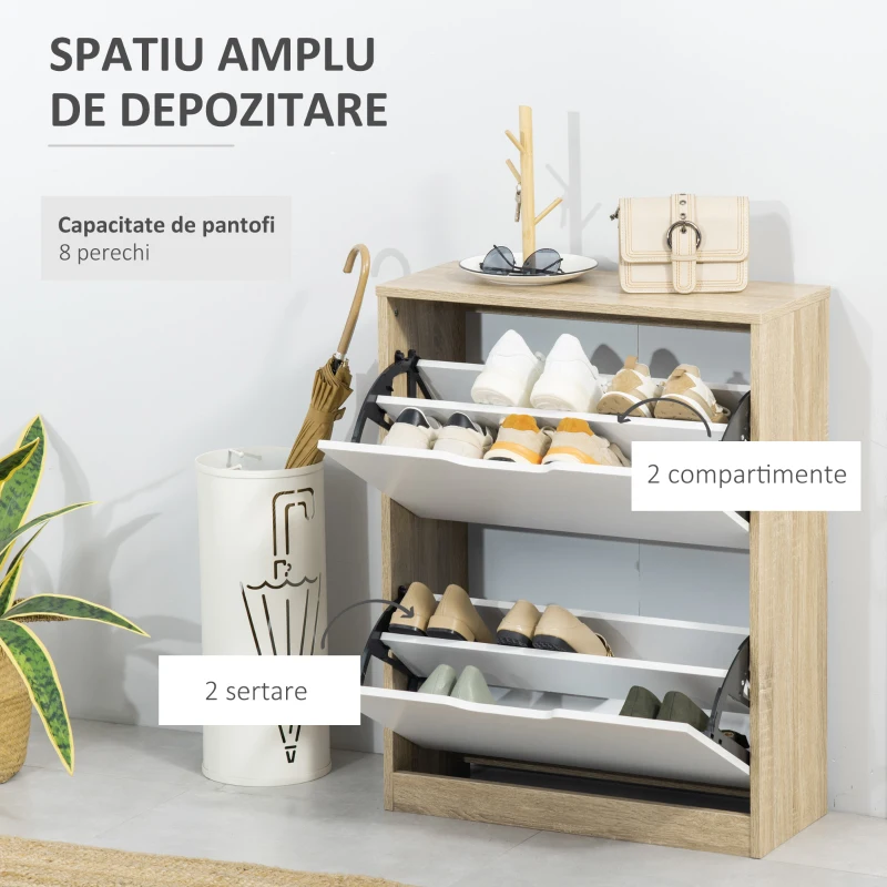 Homcom Dulap Pantofi Natural – 2 Sertare Rabatabile, 8 Perechi