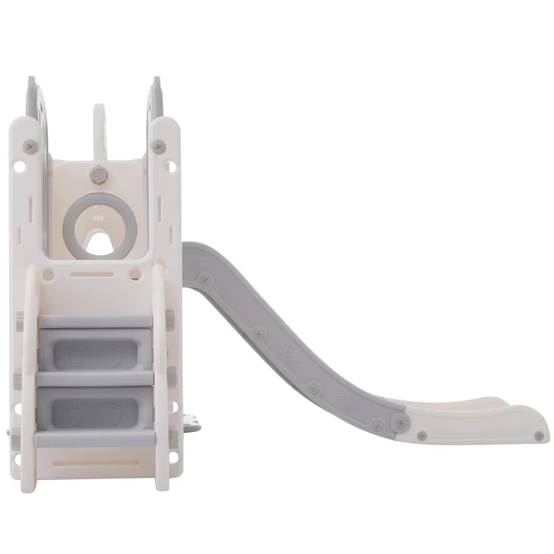 Scivolo per bambini con altalena, piattaforma, armadietto,gioco di perforazione, canestro basket e scala,Grigio+Bianco