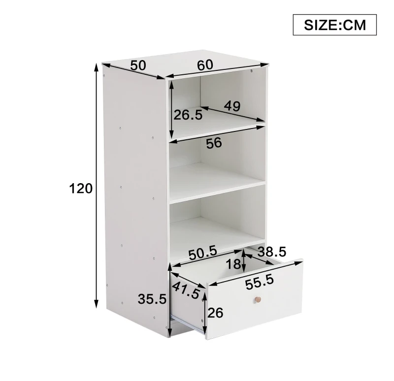 Libreria con tre ripiani e cassetto, camera da letto, soggiorno, 60×50×120 cm, Bianco