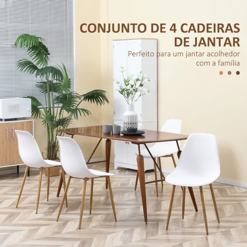 HOMCOM Conjunto de 4 Cadeiras de Sala de Estar Cadeiras de Cozinha com Encosto Alto e Pés de Metal 45x52x85,5 cm Branco e Madeira