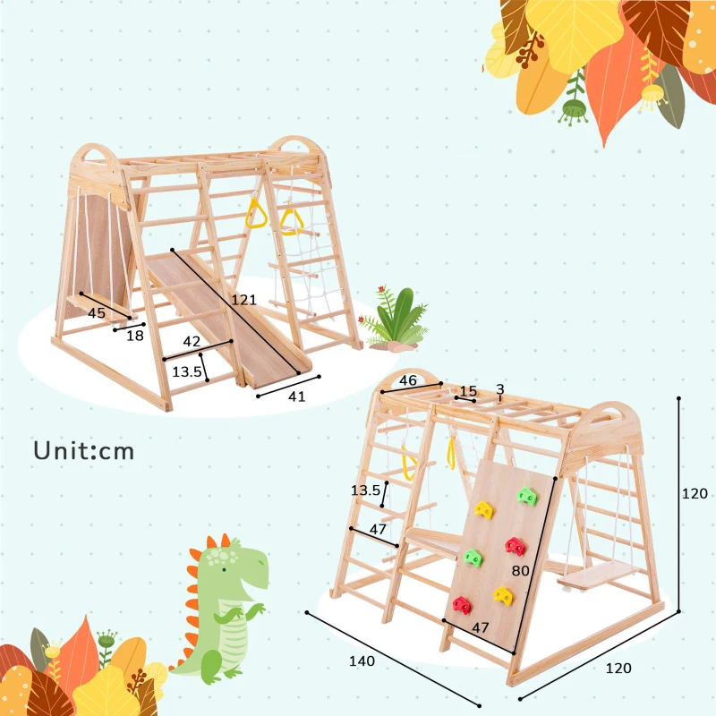 Cadre d'escalade multifonctionnel 7 en 1, balançoire, échelle de corde, toboggan, filet, pierres d'escalade, anneaux, maison de tente, 140×120×120 cm, Naturel