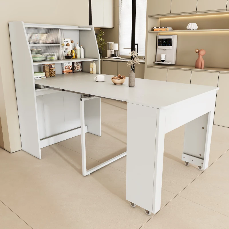 Ausziehbarer Esstisch mit Stauraum, Einweg-Ausziehtisch, Rechteckiger Multifunktionstisch, Esszimmer-Stauschrank, Coffee Lounge Tisch, Platzsparend, 52-132.5L×80B×120Hcm, Weiß