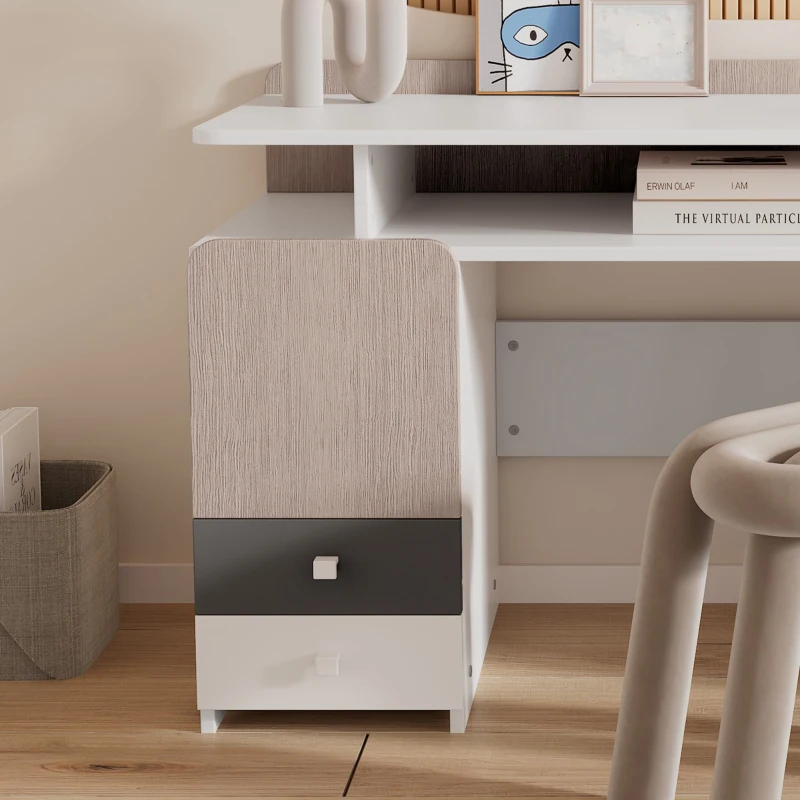 Bureau avec trois tiroirs et mezzanine, glisseurs silencieux, MDF, 121×53,5×81 cm, Blanc+gris