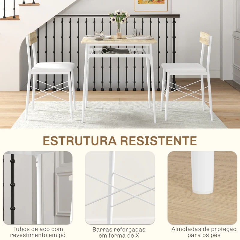 HOMCOM Conjunto de Refeição de 3 Peças Conjunto 1 Mesa 70x70x75 cm e 2 Cadeiras 40x50x80 cm com Prateleira de Armazenamento Branco e Madeira
