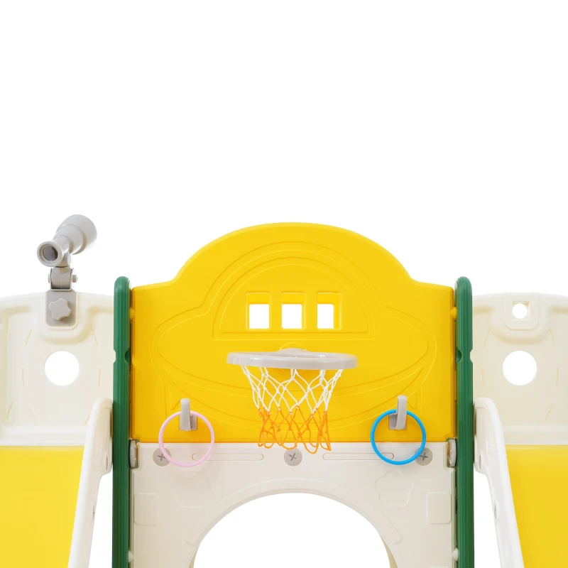 Toboggan pour enfants 8-en-1, jouet d'escalade multifonction avec 2 toboggans, échelle d'escalade, panier de basket, jeu de lasso, jumelles,  200×165×95 cm, Vert Antique