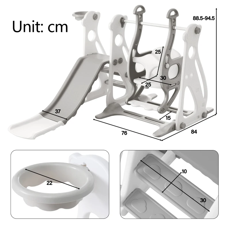Scivolo per bambini 4-in-1 con altalena, scala e canestro da basket, regolabile in altezza, facile da montare, 113×100×94,5 cm,Bianco Antico+Grigio