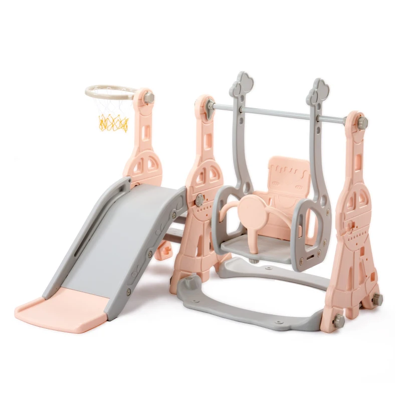 Toboggan 4-en-1 pour enfants avec balançoire, panier de basket et échelle de grimpe, toboggan de jardin pour intérieur et extérieur, ,140×118×102 cm, Rose