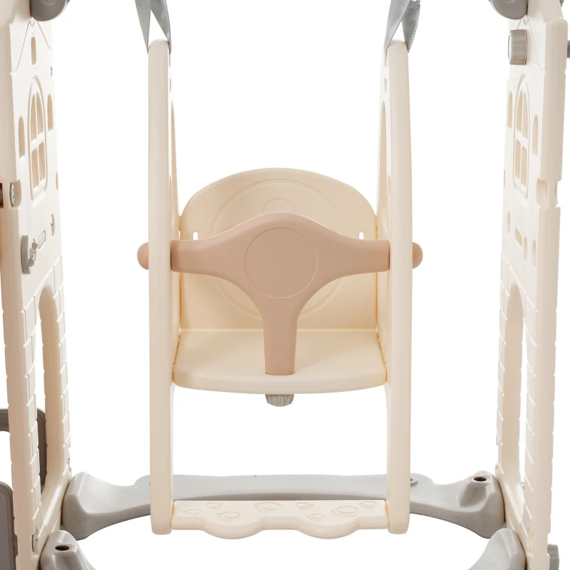 Set da gioco multifunzionale 5-in-1 per bambini con altalena, scivolo, scala da arrampicata, canestro da basket e telescopio, con box di stoccaggio integrato, 157×145,5×121 cm,Marrone + Bianco Antico