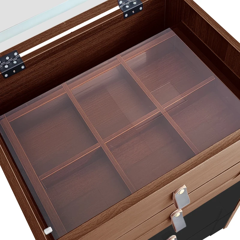 Schminktisch mit LED-Beleuchtung, Multifunktionaler Nachttisch mit Spiegel und 3 Schubladen, inkl. Make-up-Hocker, 50×40×115.6 cm, Schwarz+Braun