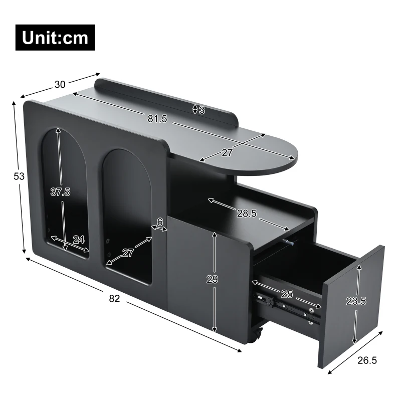 Armoire d'appoint multifonctionnelle avec roulettes, chariot de rangement polyvalent pour salon, salle à manger et chambre à coucher, design arrondi, 82 cm x 30 cm x 53 cm, Noir