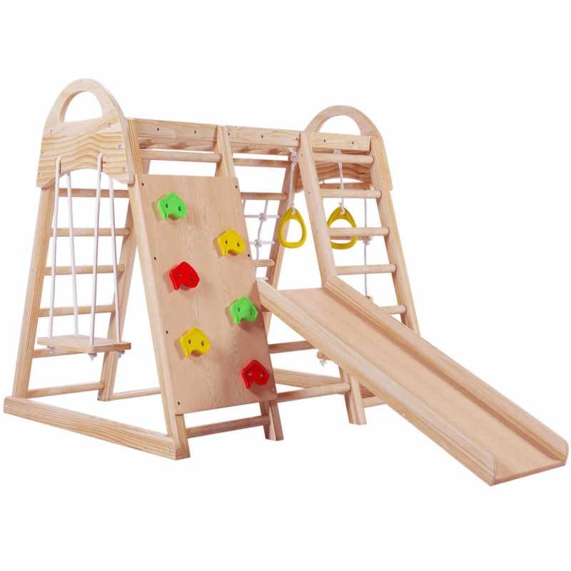 Cadre d'escalade multifonctionnel 7 en 1, balançoire, échelle de corde, toboggan, filet, pierres d'escalade, anneaux, maison de tente, 140×120×120 cm, Naturel