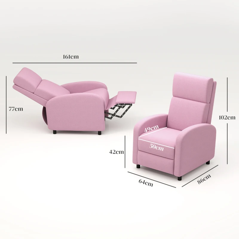 HOMCOM Poltrona Relax Reclinável até 160° Poltrona Reclinável Manual com Apoio para os Pés 64x86x102 cm Rosa