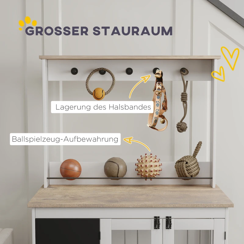 PawHut Hondenkooi met opbergplank voor speelgoed, haken voor lijnen, Krijtbord, Gum, voor grote honden, Wit(m-5)