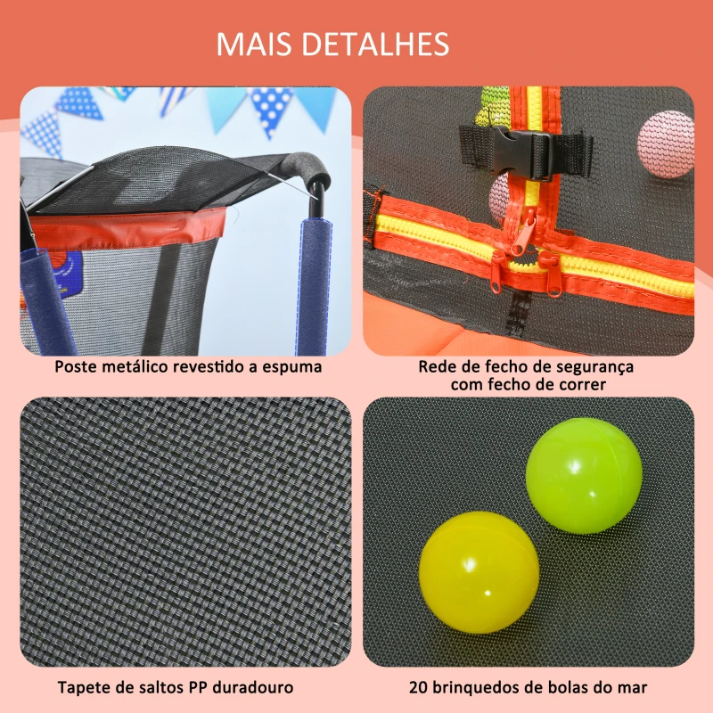 ZONEKIZ Trampolim Infantil Ø140x155 cm Trampolim para Crianças de 3-10 Anos com Cesta de Basquetebol e 20 Bolas de Plástico Vermelho