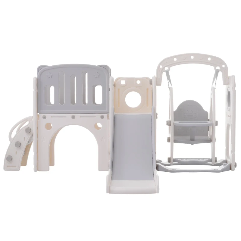 Toboggan pour enfants 7-en-1 avec balançoire, plateforme, placard, jeu de perçage, panier de basket et escalier, 215×150×106 cm, Gris+Blanc