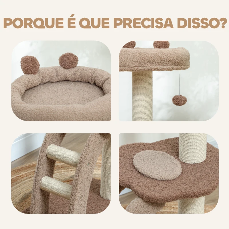 PawHut Arranhador para Gatos Altura 88 cm com Cama Plataforma Bolsa Suspensa Escada e Poste de Juta 48x40x88 cm Marrom Claro