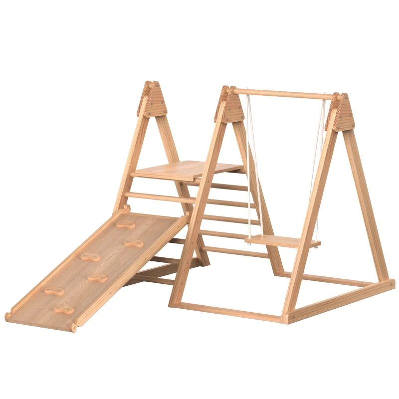 Aire de jeux pour enfants 3-en-1 en bois, toboggan, balançoire et structure d'escalade, 123,5×113×114 cm, Naturel
