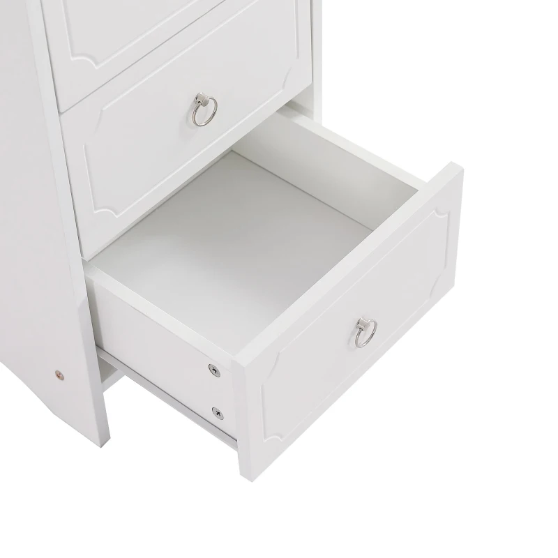 Commode classique avec 5 tiroirs, glissières silencieuses et poignées rondes en métal, MDF + panneau de particules, 40×40×100 cm, Blanc